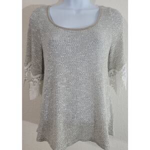 Le Lis Stitch Fix Tan Beige Hi Low Marled Knit Top Small Lace on Sleeves